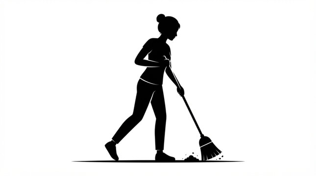 Woman Cleaning with Broom Silhouette Vector Illustration
