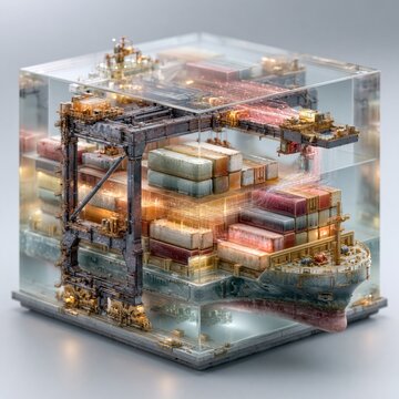 Miniature Container Ship and Crane in Cube Representing Global Logistics