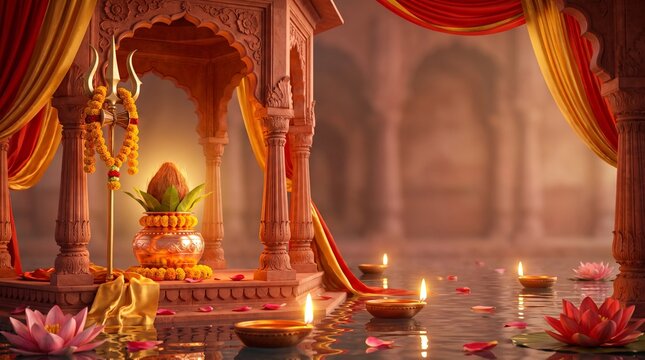 Sharad Navratri wallpaper, sacred trident, lotus flowers, glowing kalash, elegant temple arches and floating diyas illuminated by warm golden light