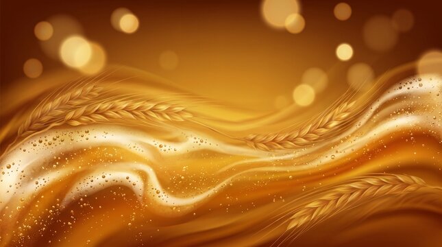 Great American Beer Festival background, luxurious amber and gold gradient featuring abstract beer foam, sparkling bubbles, barley textures and glowing bokeh