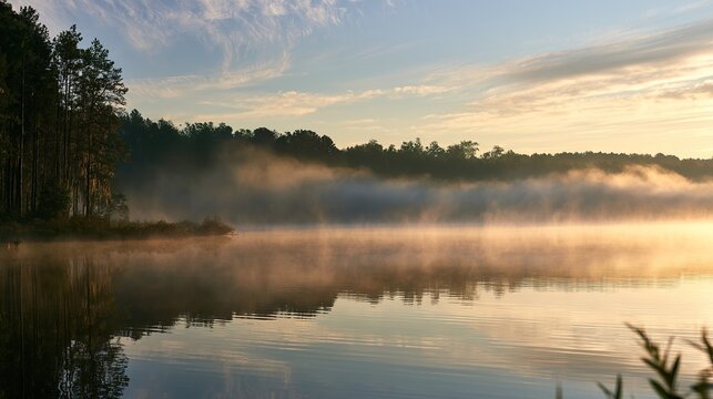 Beautiful landscape of fog rising over a calm lake at dawn. Landscape of dawn fog over a calm lake.