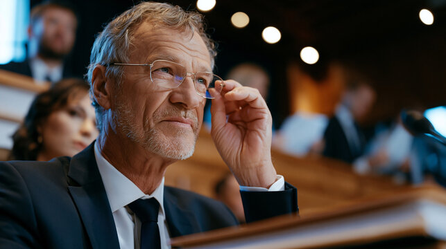 Elderly witness adjusting reading glasses before beginning prepared testimony at a congressional hearing table, a thick bound statement visible before him, legal counsel seated to his left while com