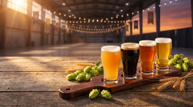 Great American Beer Festival background, polished wooden beer flight paddle holding assorted craft beer glasses without branding,