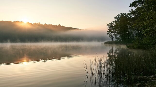 Beautiful landscape of fog rising over a calm lake at dawn. Landscape of dawn fog over a calm lake.