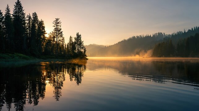 Beautiful landscape of fog rising over a calm lake at dawn. Landscape of dawn fog over a calm lake.