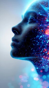 Futuristic digital human face composed of glowing network connections and data points. Abstract technology concept illustrating artificial intelligence and neural networks in a modern style