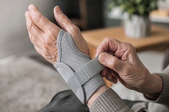 Senior woman wearing wrist brace for joint support. Elderly person adjusting thumb splint to manage arthritis pain. Medical orthopedic equipment for bone and ligament recovery.