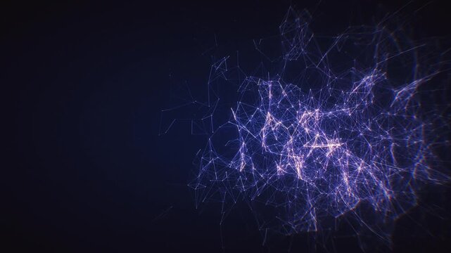 Digital plexus network glowing with intricate connected particles and lines in a dark 3D animation space for artificial intelligence backgrounds