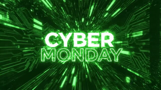Cyber Monday text on glowing green digital technology tunnel