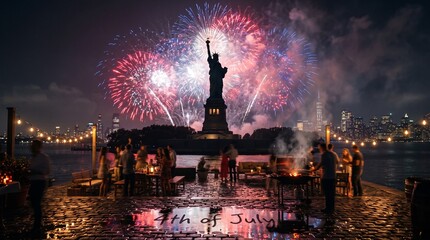 Festive 4th of july celebration with fireworks bursting behind the statue of liberty in new york city, featuring people enjoying an evening barbecue party on a cobblestone pier with string. © Ahmed_Stock