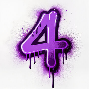 Purple spray paint number four with dripping paint and splatter, hand-painted grunge graffiti number design element isolated on white background with copy space