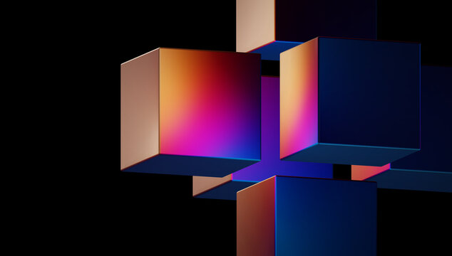 Abstract 3D cross-shaped block composition, iridescent metallic cubes with colorful gradient glow, futuristic tech design element.