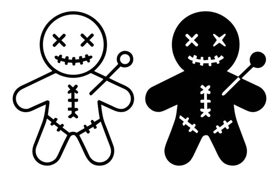 Black and white voodoo doll icons with stitched details and crossed eyes with a pin stuck in the shoulder on transparent background
