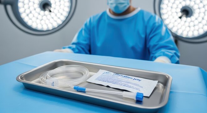 Surgeon in blue scrubs and mask prepares sterile medical tray with surgical tubing and lubricant jelly in operating room