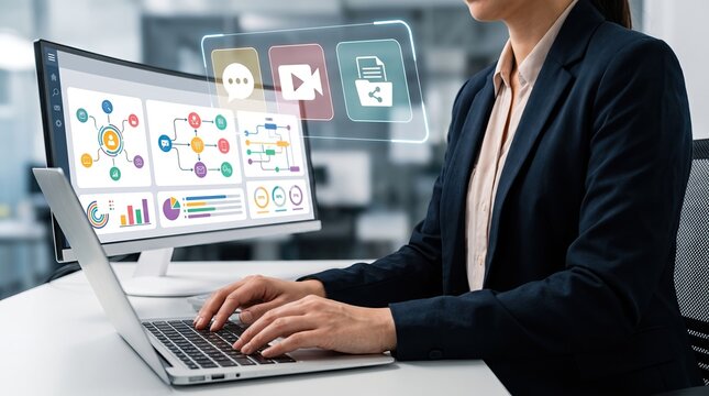 Businesswoman working with data analytics dashboard and digital communication icons.