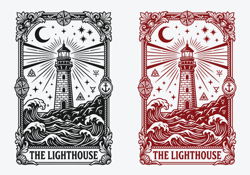 Detailed mystical tarot card vector illustration featuring a lighthouse scene with ocean waves and celestial elements in vintage style