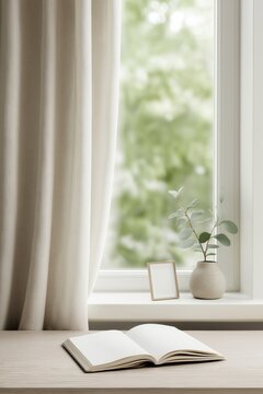 Open book on wood table by window with light curtain. Potted plant and small empty photo frame on white windowsill. Blurred green view outside