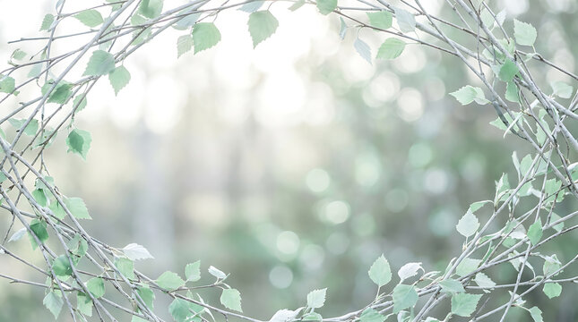 Delicate birch branches forming a circular frame with fresh green leaves against soft natural light