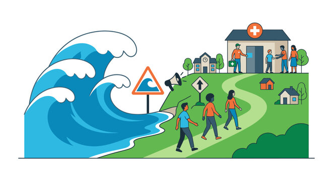 Tsunami awareness infographic set. Coastal hazard safety icons and emergency evacuation plan.
