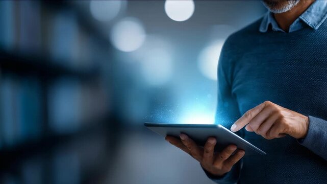 Business professional using a digital tablet with futuristic holographic interface in a modern office environment. Innovative technology and digital transformation concept for productivity