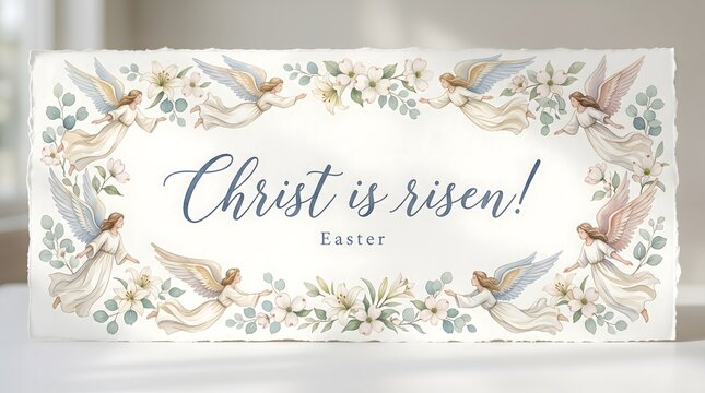 Easter Banner, Watercolor Angels, Watercolor border with angels and the inscription Christ is risen Easter banner church holiday background decoration