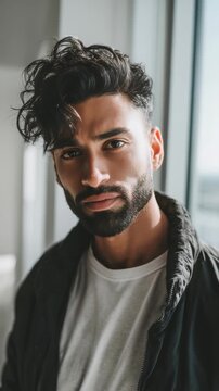 Confident young man with stylish haircut and well groomed beard standing by a large window in natural daylight. Modern fashion and urban lifestyle are reflected in his casual yet trendy appearance