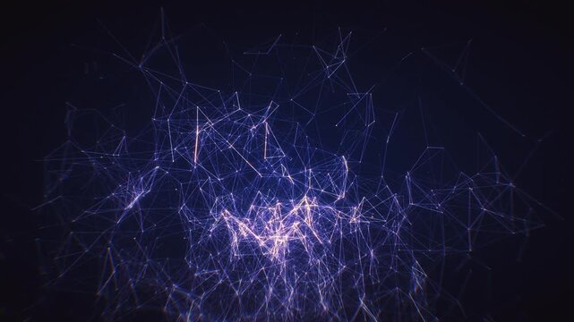 Luminous glowing network grid with dense plexus nodes expanding across a dark 3D animation environment for tech presentation backgrounds