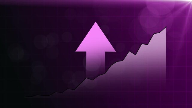 Business and finance concept showing a neon pink line chart climbing toward a blue upward arrow. Symbolizing profit growth, revenue increase, sales performance, investment gains and positive analytics