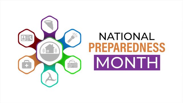 Colorful animated preparedness month infographic with circular emergency response icons and modern typography.
