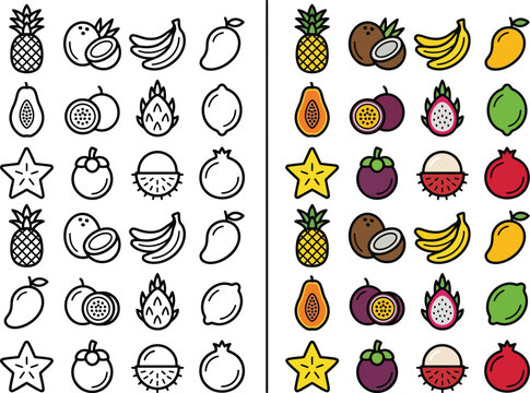 Tropical fruit icons vector design with pineapple mango banana and watermelon illustrations
