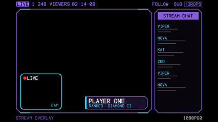 Game stream frames. Glow theme for live conference of gaming streamers, hud frame twitch streaming media gamer broadcast webcam. Live stream overlay layout on black with webcam frame, chat rail and © zara