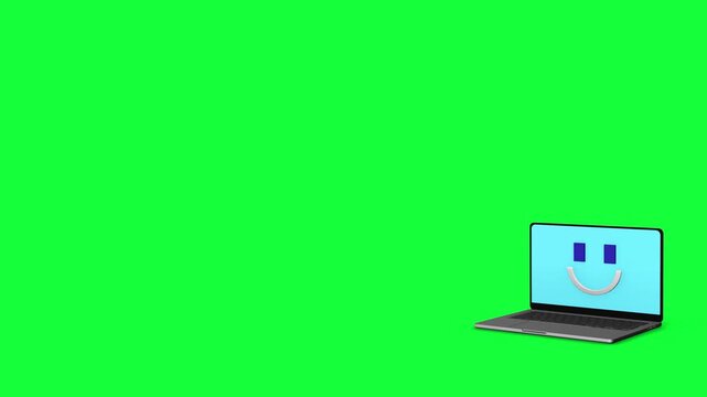 Laptop chroma key tech visual with smiling screen icon, bright green replaceable background, and clean empty space. Perfect for app demos, web videos, online classes, tutorials, and motion graphics.