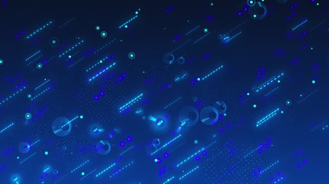 Blue purple futuristic motion visual glowing diagonal streaks, dotted clusters, and circular tech symbols. data streams, science backgrounds, cyber ads, software openers, motion graphics.