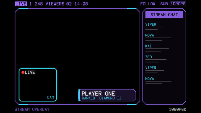 Game stream frames. Glow theme for live conference of gaming streamers, hud frame twitch streaming media gamer broadcast webcam. Live stream overlay layout on black with webcam frame, chat rail and