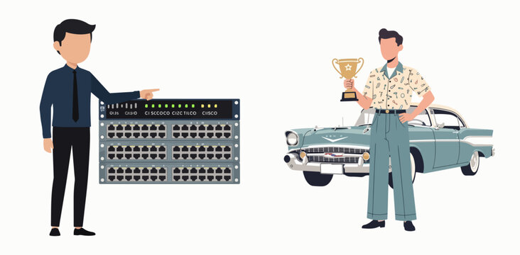 Professional pointing at Cisco network switch and mechanic holding vintage car trophy