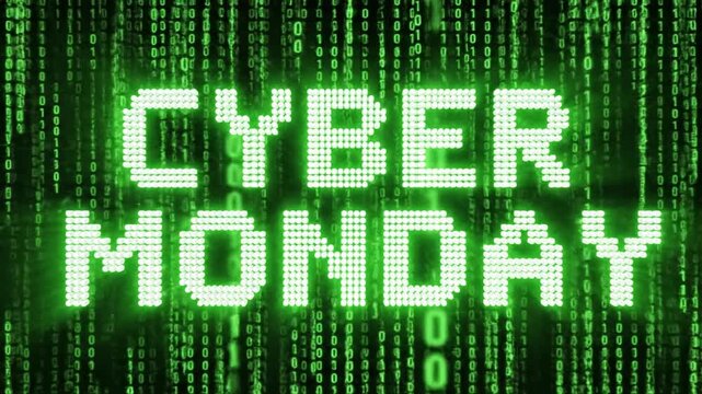 Cyber Monday text on green digital matrix background