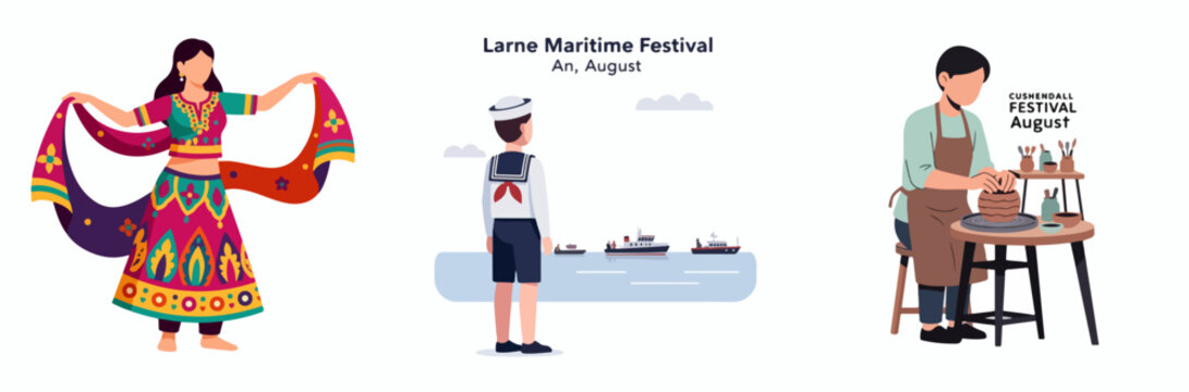 Colorful August festivals with cultural dance, maritime theme, and pottery crafting