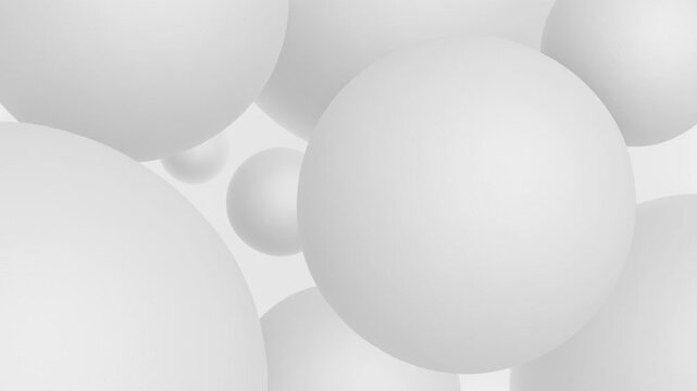 Looped video. Abstract 3d rendering of matte white spheres of various sizes, creating a minimalistic and elegant white aesthetic. Suitable for design projects, backdrops or artistic concepts.