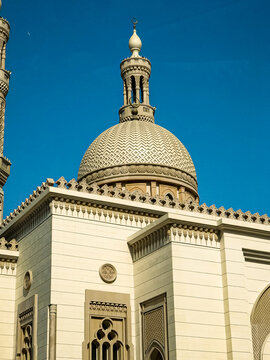 Sharjah UAE 07/28/2026 Four Khalifas Mosque intersection Al khan. minaret of mosque. UAE futuristic architecture. Masjid Abu Bakr Al Siddiq, Umar bin Al Khattab, Uthman bin Affan, Ali bin Abi Talib.