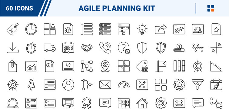 Roadmap planning software interface line icon set. Vector pictograms of agile, gantt, kanban, and timeline elements, thin linear illustration.