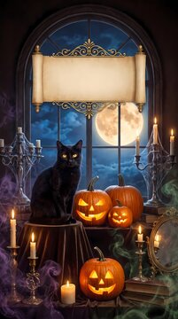 Spooky Halloween Background Template with Black Cat Pumpkins and Blank Scroll in Full Moon Light