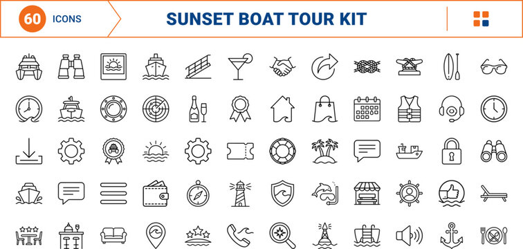 Sunset cruise website line icon set. Vector pictograms of catamaran, yacht, boat, and charter elements, thin linear illustration.