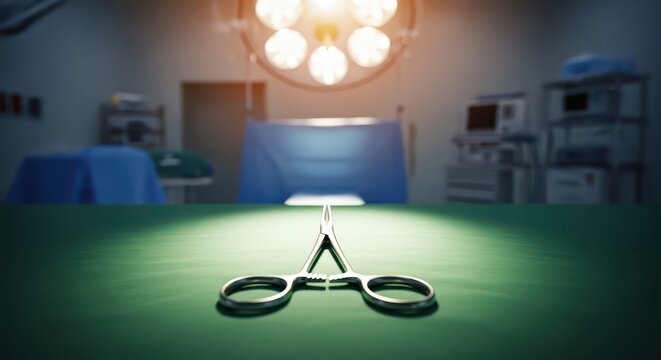 Surgical scissors on a green table in an operating room with medical equipment and surgical lights in the background