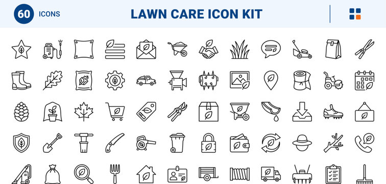 Fall cleanup service kit leaf removal line icon set. Vector pictograms of yard, maintenance, autumn, and lawn elements, thin linear illustration.