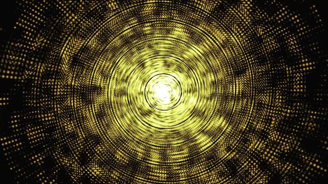 An abstract yellow light tunnel of shining dots and concentric circles on a dark background, a dynamic energy vortex with a bright center.