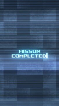 Mission completed digital glitch cyan futuristic text, blue scan lines, square data blocks, and high tech success screen. Perfect for gaming videos, achievement reveals, sci fi titles, and overlays.