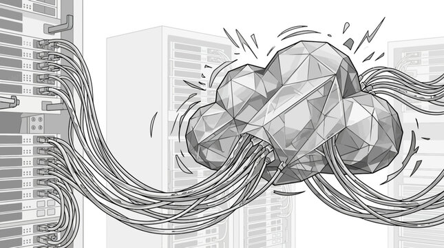 Low poly cloud connected to data center server racks via cables