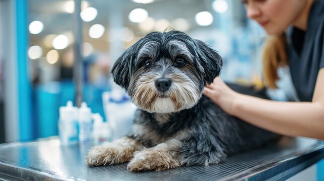 Dog being groomed at a professional grooming salon. Bathing, trimming, and brushing with gentle animal care.