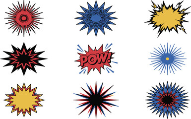 Comic Book Explosion Bubble Icon Set with Retro Pop Art Speech Clouds Pow Text and Graphic Starburst Elements for Vector Designs © Khali