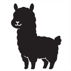 Black and white silhouette of a cute smiling alpaca character standing. Minimalist cartoon llama farm animal logo icon or graphic element design vector illustration. © Samsul